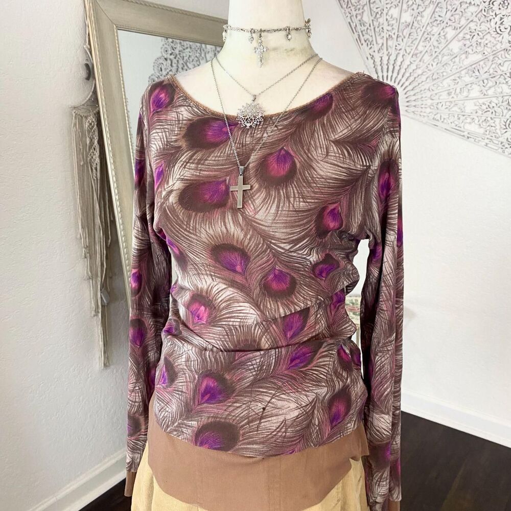 The Limited Early 2000's Purple Pink Brown Mesh Peacock Print Long Sleeve Top L - Picture 2 of 6